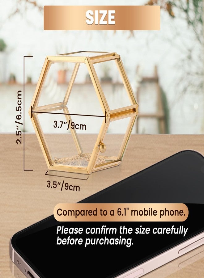 AMGSH Golden Vintage Glass Keepsake Box | Jwelry Lidded Box Decorative Glass Boxes for Display,Clear Hexagonal Box Rings Bracelet Earring Organizer - Image 2